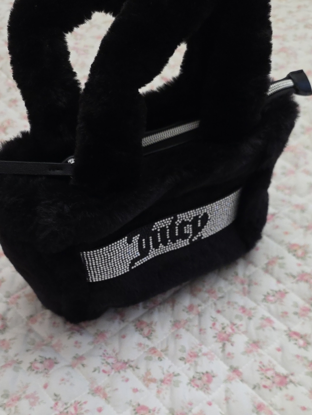 Juicy Couture Black Faux Fur Mini Tote with Crystal Logo Band